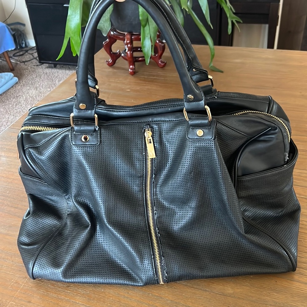 Neiman Marcus Large Faux Leather Perforated Overnight Bag